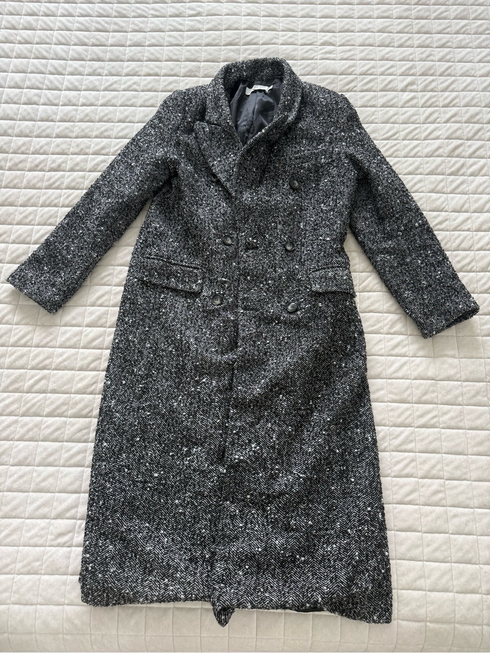 Astr Long Black & White Tweed Double-Breasted Trench Coat